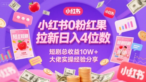 小红书0粉红果短剧拉新日入4位，数短剧总收益10W+大佬实操经验分享-迦哆网创社