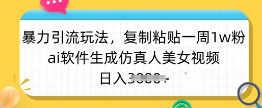 暴力引流玩法，复制粘贴一周1w粉，ai软件生成仿真人美女视频，日入多张-迦哆网创社