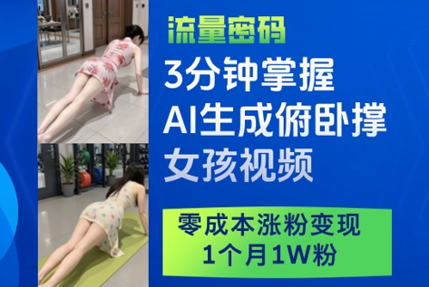 3分钟掌握AI生成俯卧撑女孩视频，零成本涨粉变现，1个月1W粉-迦哆网创社