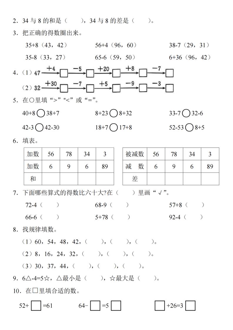 2025春一年级下册数学期中复习-迦哆网创社