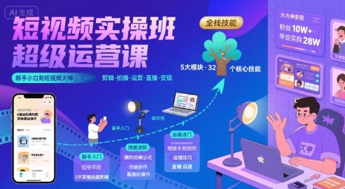 短视频实操班超级运营课，新手小白到短视频大神必修课程，剪辑-拍摄-运营-直播-变现-迦哆网创社