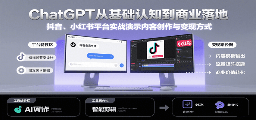 ChatGPT从基础认知到商业落地，实战演示抖音、小红书等平台的内容创作与变现-迦哆网创社