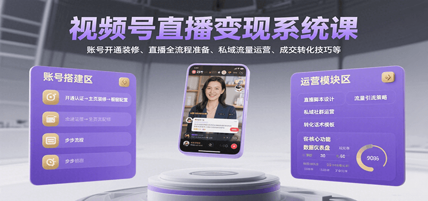 视频号直播变现系统课，账号开通装修、直播全流程准备、私域流量运营、成交转化技巧等-迦哆网创社