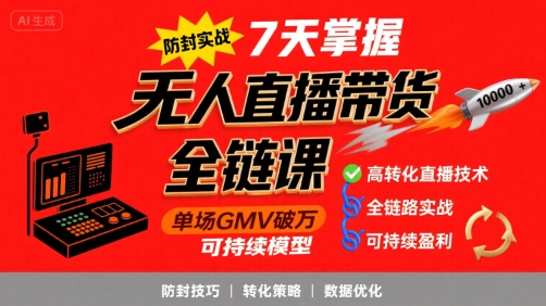 无人直播带货全链防封实战课，7天掌握高转化直播技术，实现单场GMV破万可持续模型-迦哆网创社