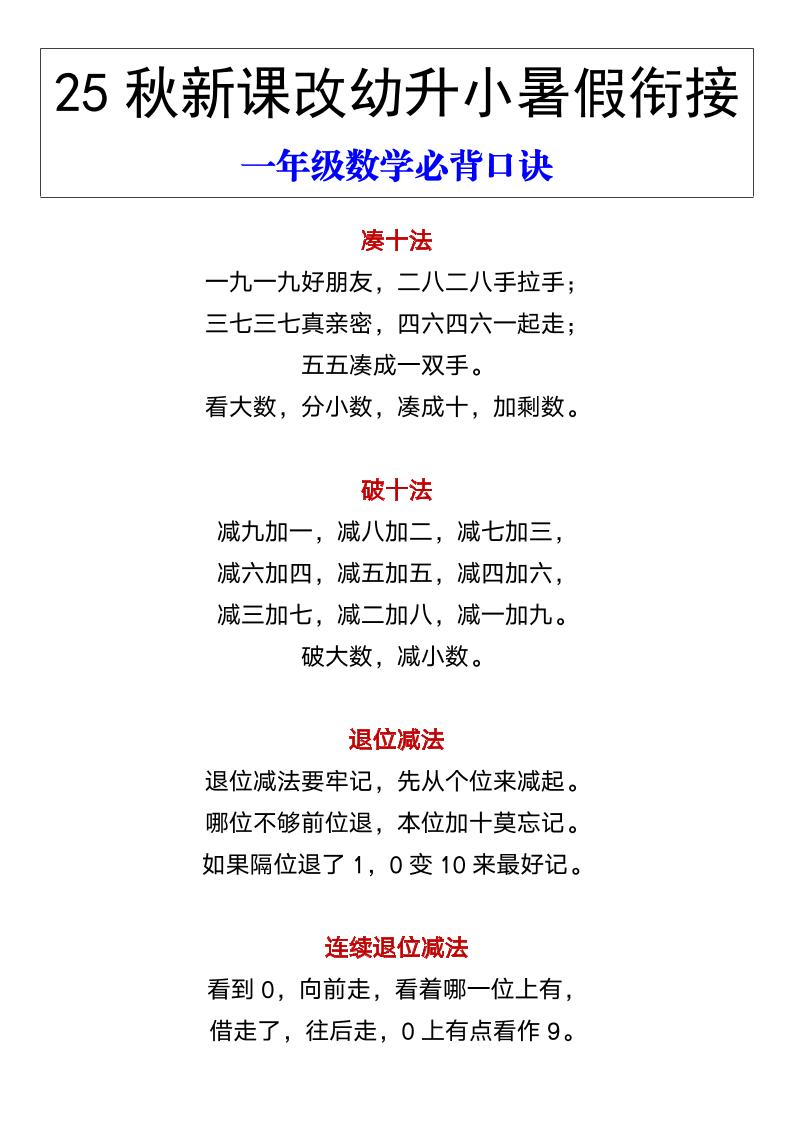 【2025秋新版】幼升小暑假衔接一年级数学必背口诀-一上数学-迦哆网创社