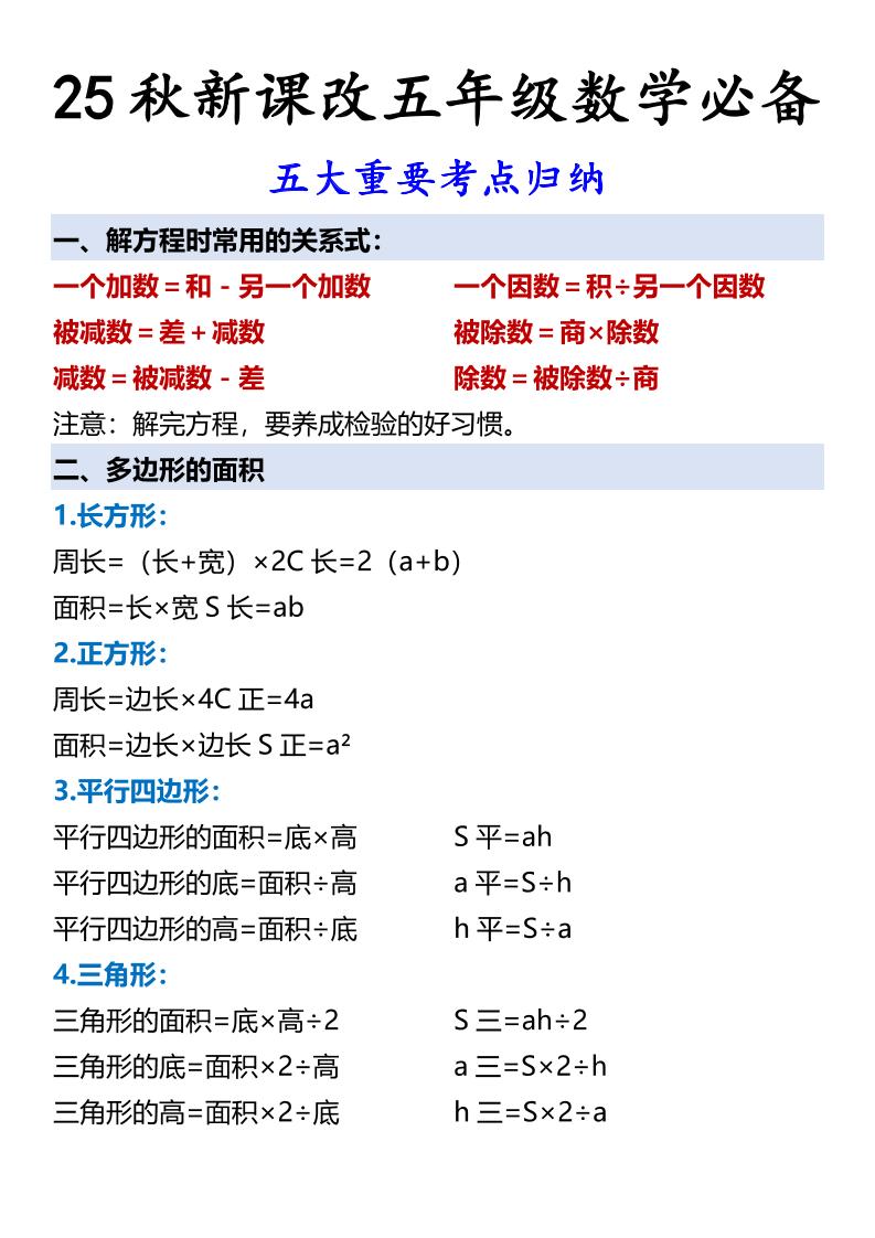 【2025秋新版】五年级数学必备五大重要考点归纳-五上数学-迦哆网创社