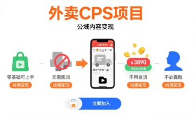 外卖CPS项目，公域内容变现，零基础可上手，无需囤货、不用发货、不必露脸、纯佣变现-迦哆网创社
