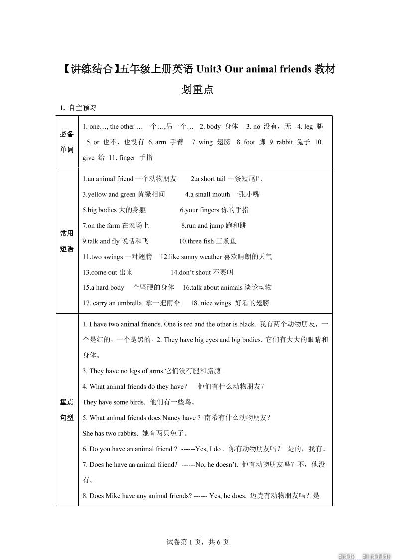 【单元热点难点】译林版（三起）英语五年级上册Unit3Ouranimalfriends教材划重点-迦哆网创社