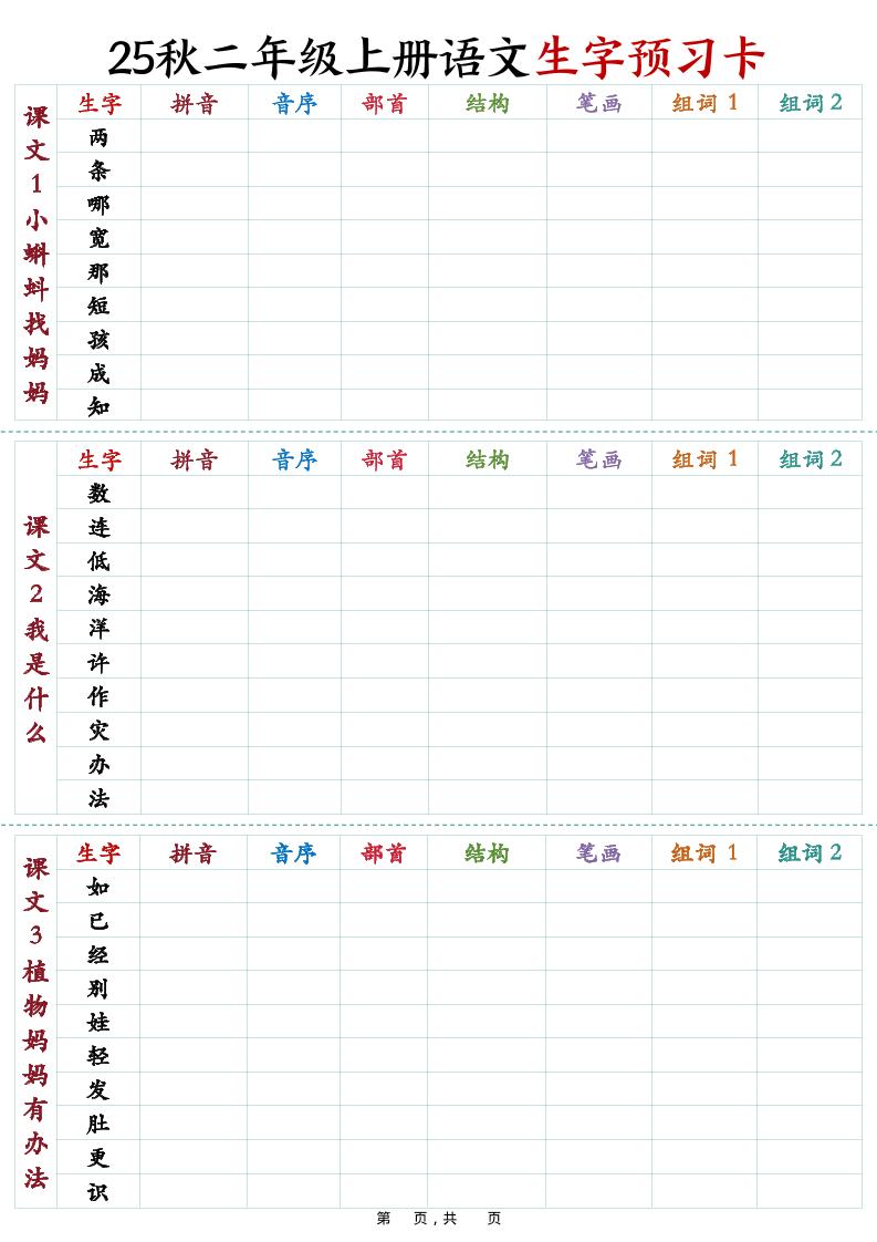 25秋新二上语文生字预习卡（11页）-迦哆网创社