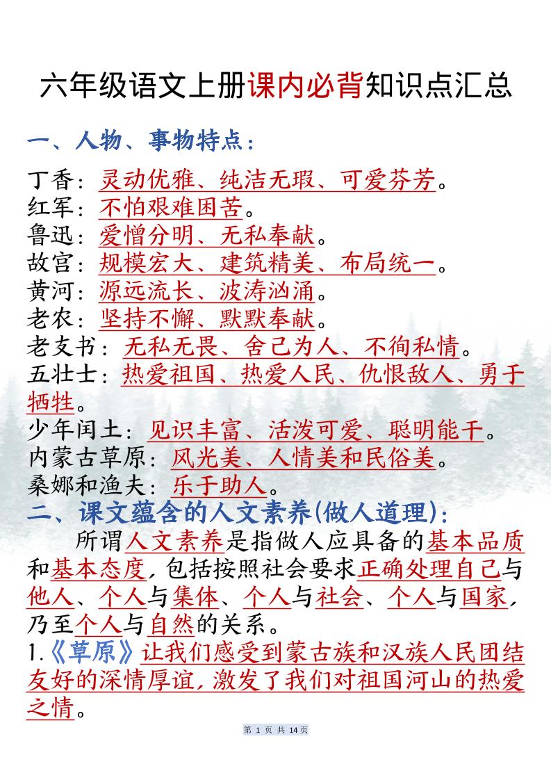 六上语文课内必背知识点汇总（共14页）-迦哆网创社