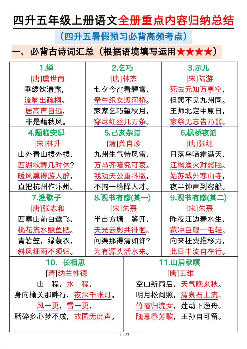 四升五年级上册语文全册重点内容归纳总结输出27页-迦哆网创社