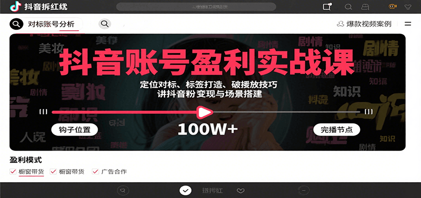抖音账号盈利实战课，定位对标、标签打造、破播放技巧，讲涨粉变现与场景搭建-迦哆网创社
