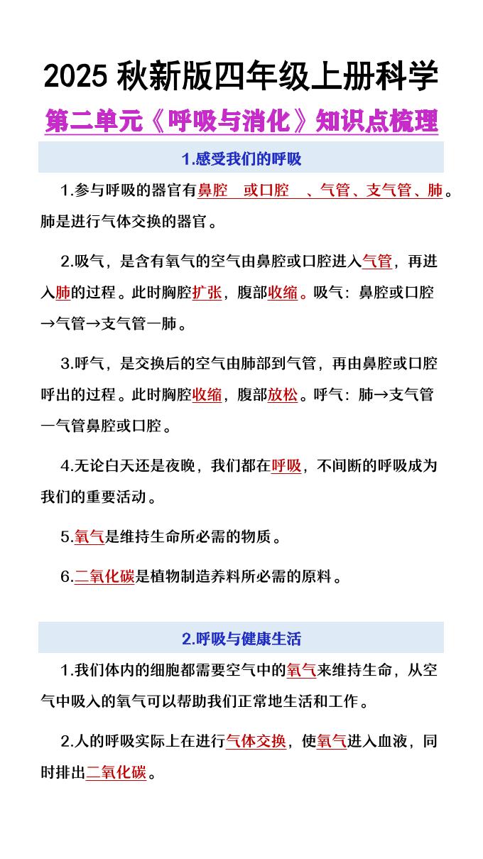 【2025秋新版】四年级上册语文第2单元《呼吸与消化》知识点梳理-迦哆网创社