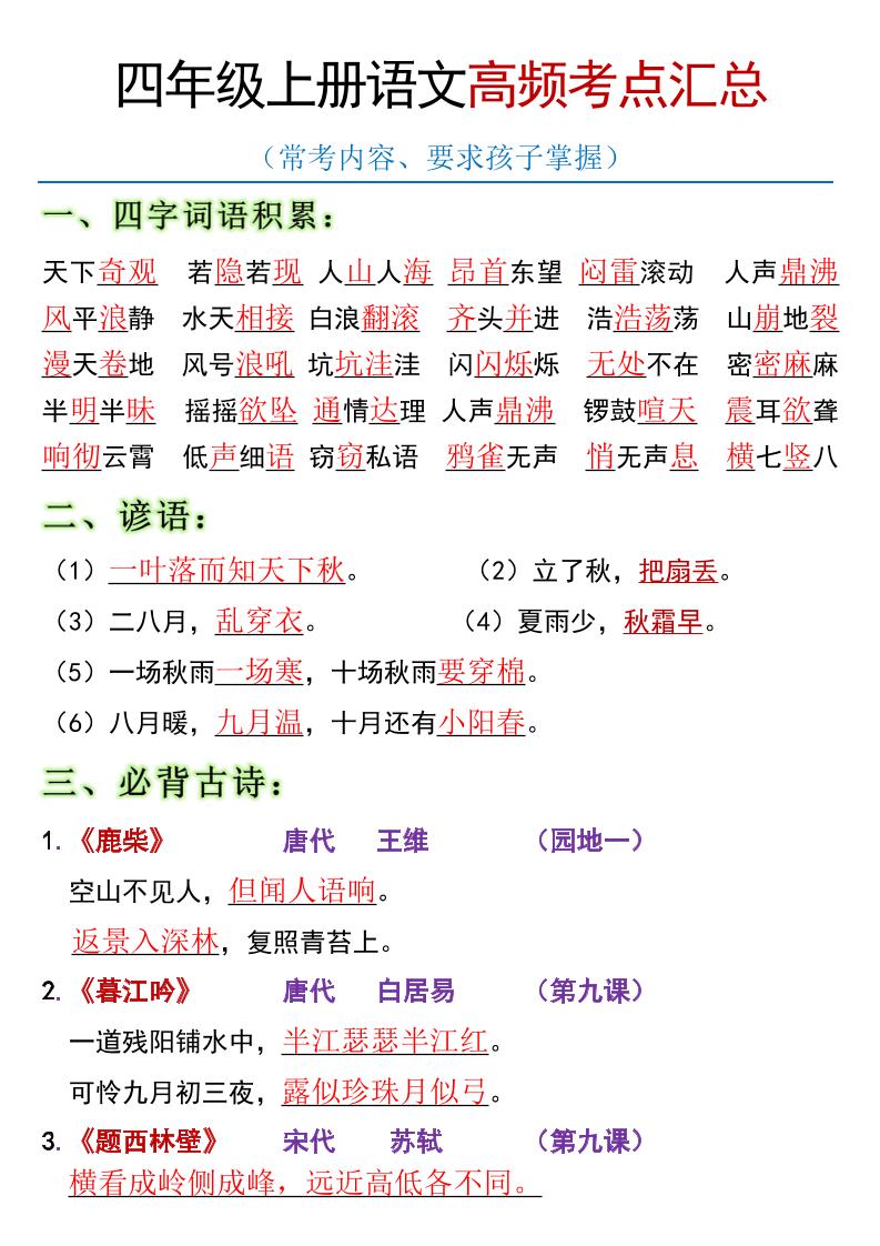 全册高频考点归类（节选）】四上语文-迦哆网创社