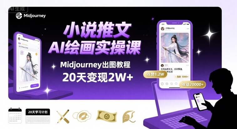 小说推文干货分享之AI绘画MJ出图实操课，用Midjourney做小说推文，20天挣2w-迦哆网创社