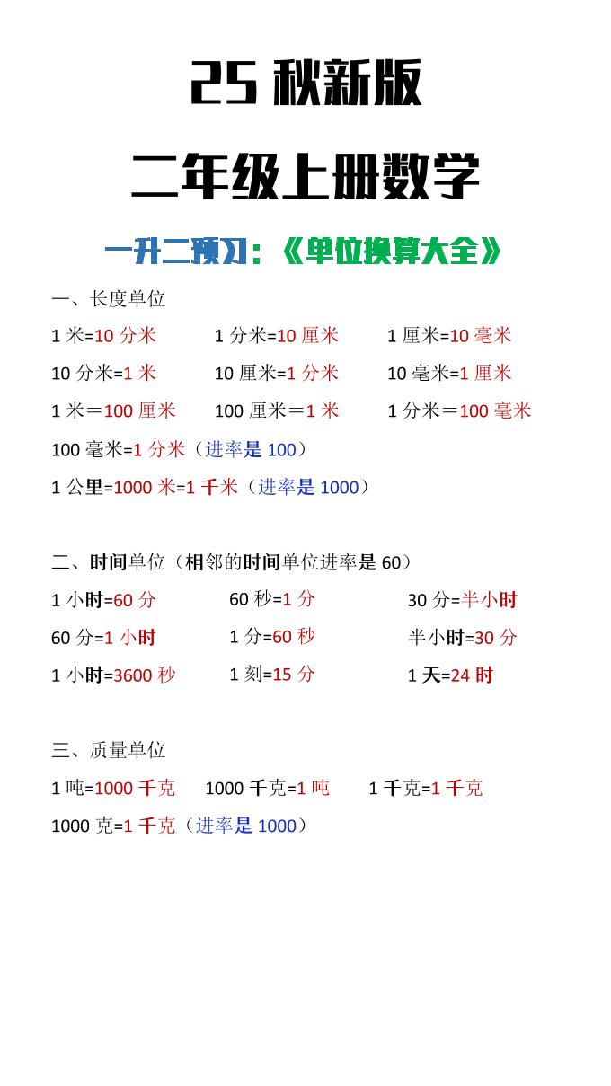 【2025秋新版】二年级上册数学单位换算大全-迦哆网创社