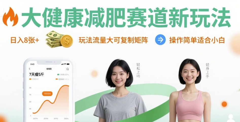 大健康减肥赛道新玩法日入8张，玩法流量大可复制矩阵，操作简单适合小白-迦哆网创社