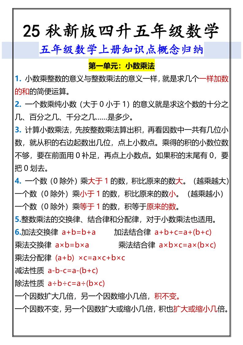 【2025秋新版】五年级数学上册知识点概念归纳-迦哆网创社