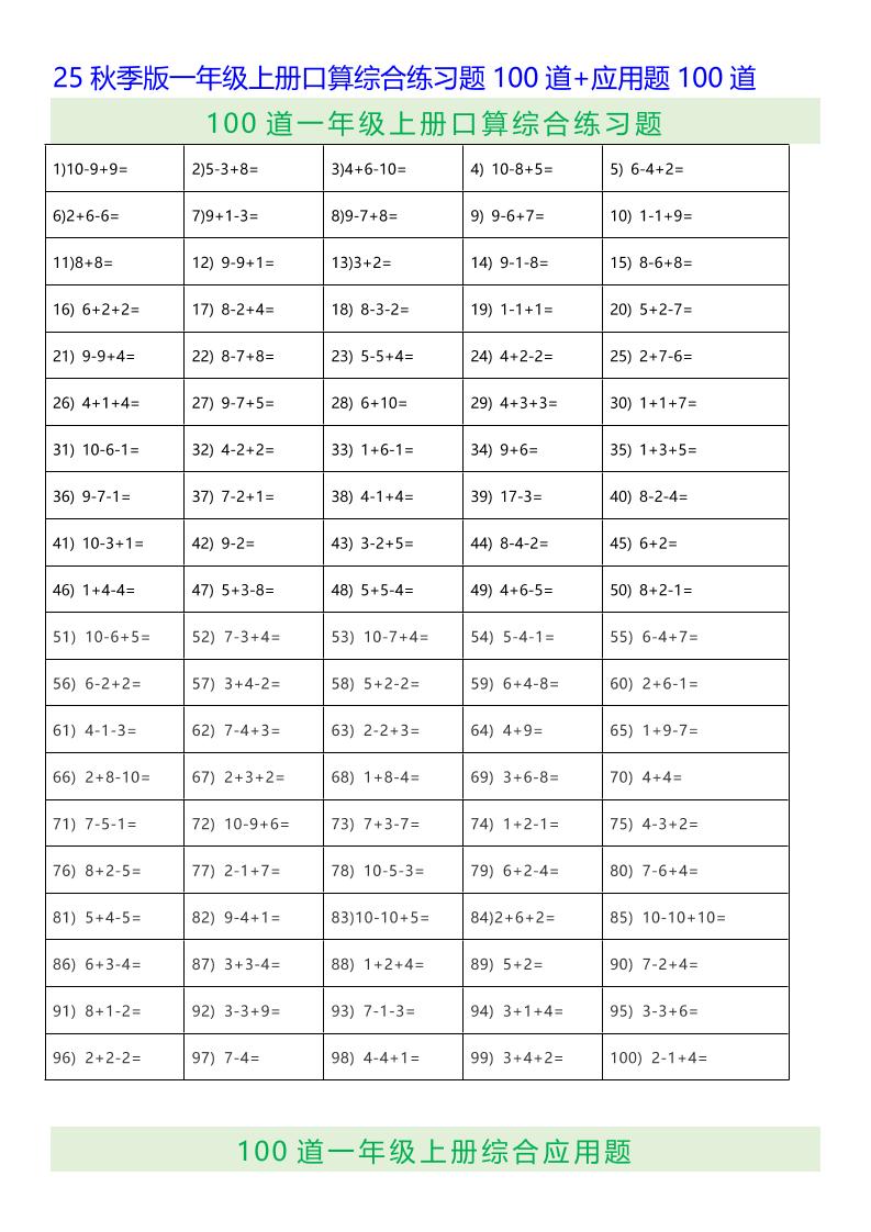 【2025秋新版】一年级上册口算综合练习题100道+应用题100道-一上数学-迦哆网创社