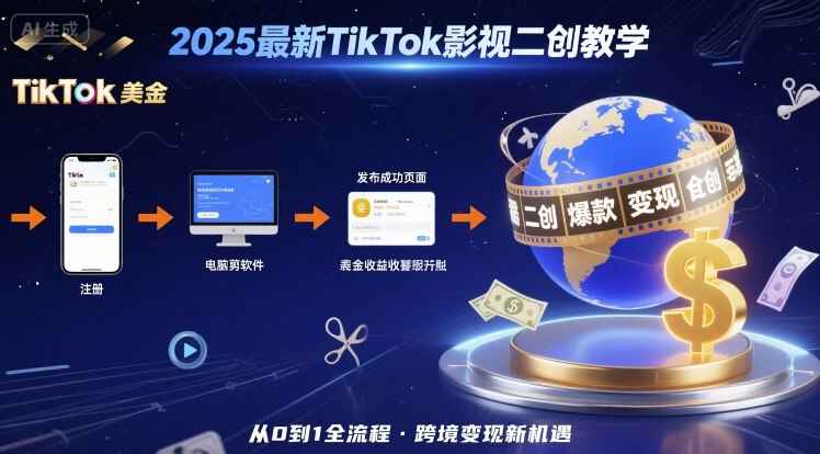 2025年最新TikTok影视二创教学,从注册到发布撸美金全流程,跨境变现新机遇-迦哆网创社