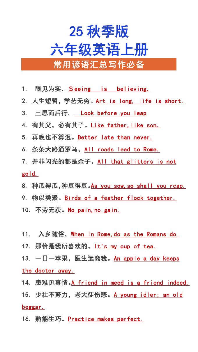 【2025秋新版】六年级上册英语常用谚语汇总写作必备-迦哆网创社