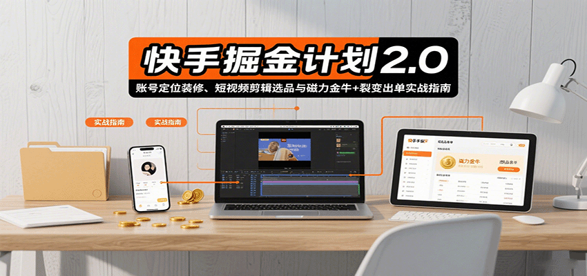 快手掘金计划2.0，账号定位装修、短视频剪辑选品与磁力金牛+裂变出单实战指南-迦哆网创社