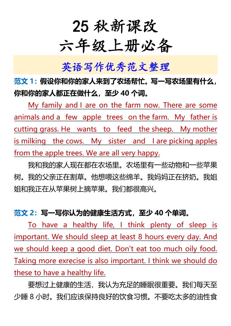 【2025秋新版】六年级上册必备英语写作优秀范文整理-迦哆网创社