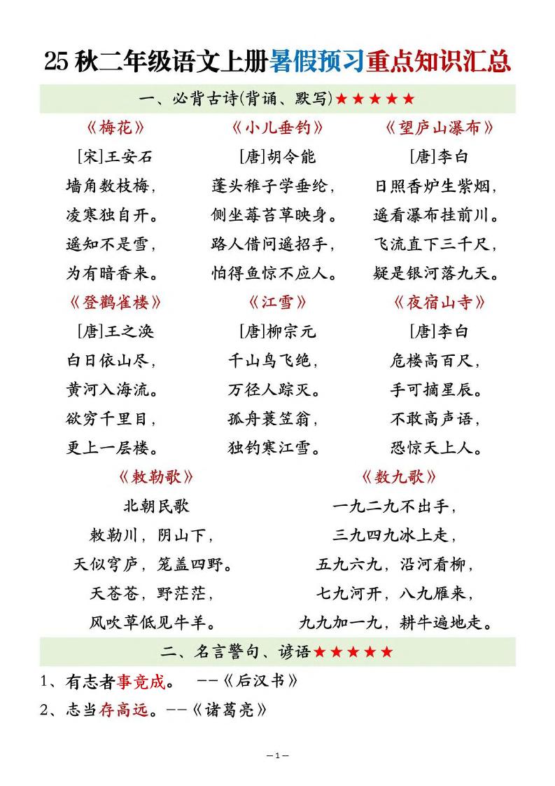 25秋二上语文暑假预习重点知识汇总20页-迦哆网创社