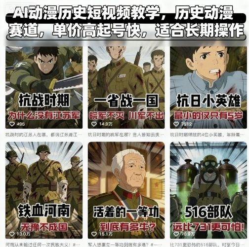 AI动漫历史短视频教学,历史动漫赛道,单价高起号快,适合长期操作