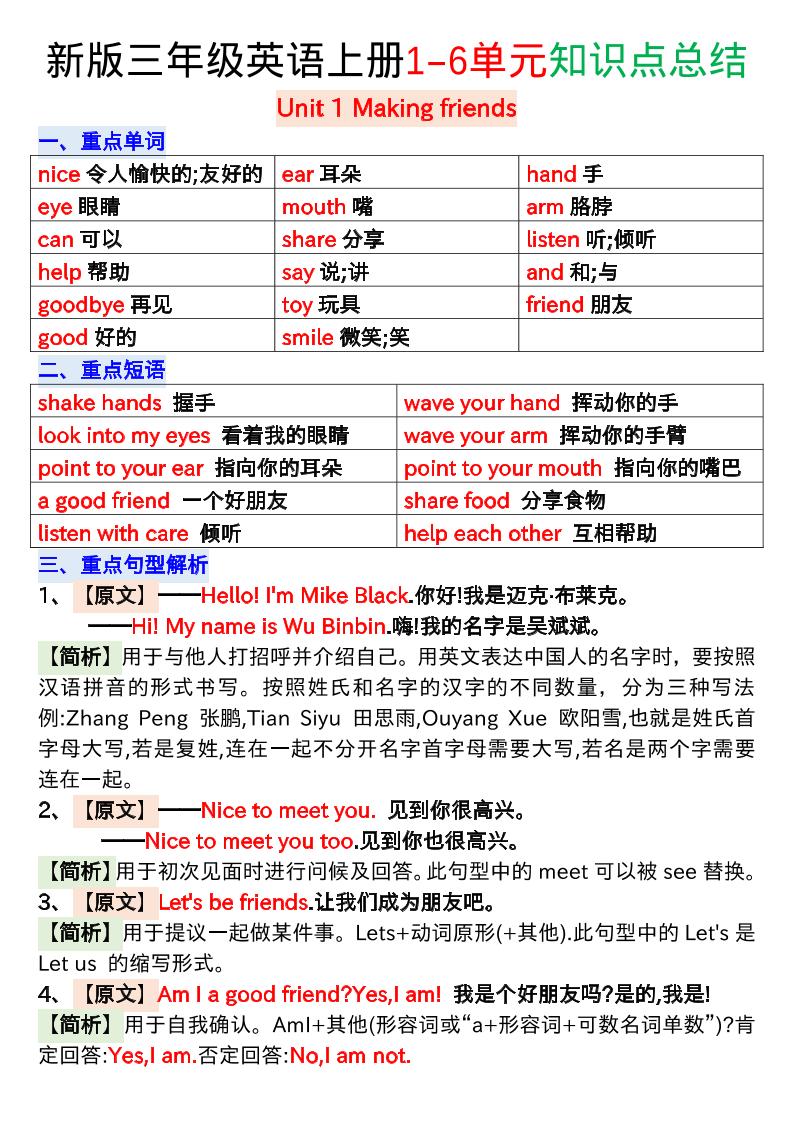 新版三年级英语上册1-6单元知识点总结-迦哆网创社