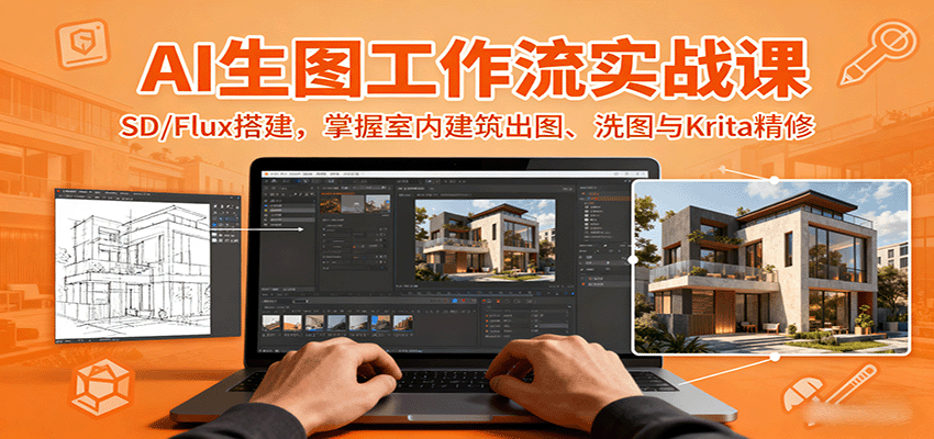 AI生图工作流实战课：SD/Flux搭建，掌握室内建筑出图、洗图与Krita精修-迦哆网创社