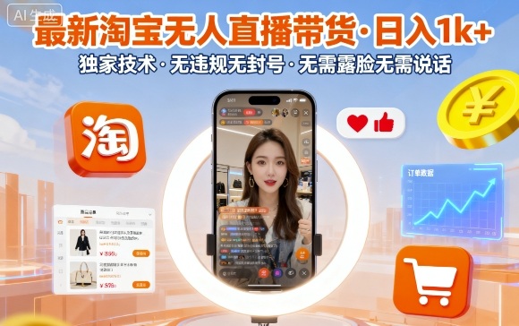 最新淘宝无人直播带货，日入1k+，独家技术，无违规无封号，无需露脸无需说话【揭秘】-迦哆网创社