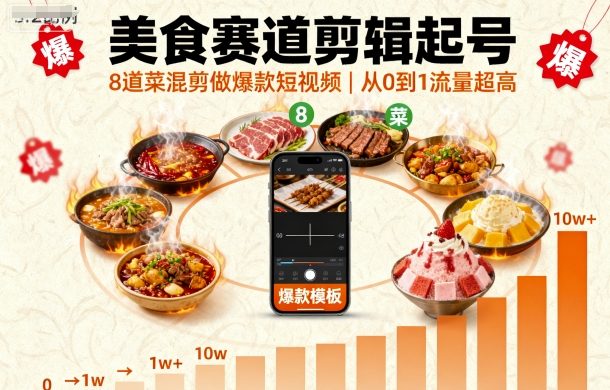 美食赛道剪辑起号，8道菜混剪做爆款短视频，从0到1，流量超高-迦哆网创社