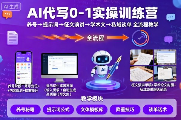 AI代写0-1实操训练营，从养号、提示词、征文演讲、学术文，到私域谈单的全流程教学-迦哆网创社