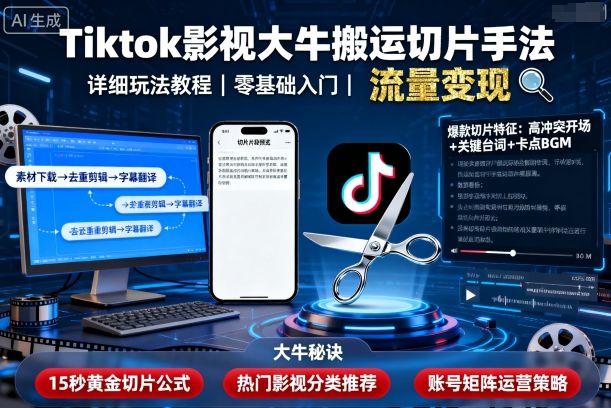 Tiktok影视大牛搬运切片手法，详细玩法教程-迦哆网创社
