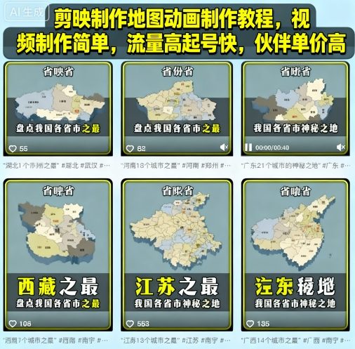 剪映制作地图动画制作教程，视频制作简单，流量高起号快，伙伴单价高-迦哆网创社