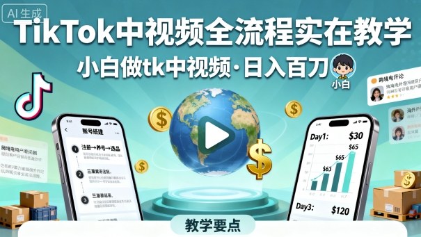 TikTok中视频全流程实操教学，小白做tk中视频，日入百刀-迦哆网创社