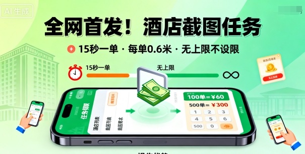 全网首发！酒店截图任务，15秒一单，每单0.6米，任务无上限不设限，矩阵操作单日3张到手【揭秘】-迦哆网创社