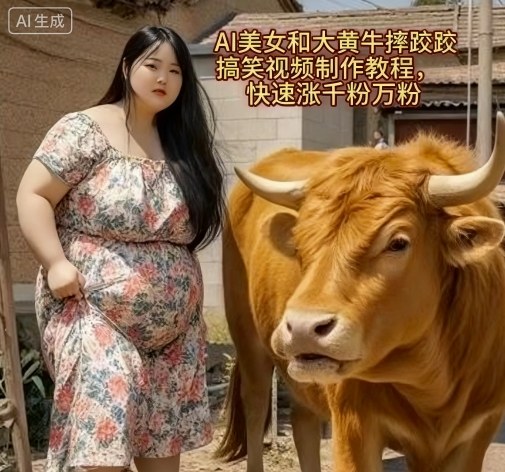 AI美女和大黄牛摔跤搞笑荒诞视频制作教程，快速涨千粉万粉-迦哆网创社