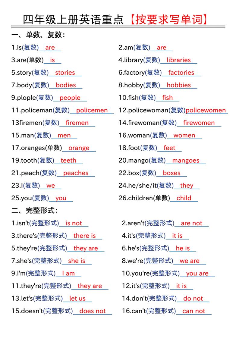 四年级上人教PEP版英语重点按要求写单词（答案）-迦哆网创社