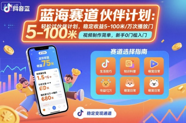 抖音蓝海赛道，轻松过伙伴计划，视频制作简单，万次播放收益在5-100米，稳定收益-迦哆网创社