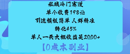 私域冷门赛道:单个收费198米引流模板简单人群精准转化45%单人一天大概收益是1k+-迦哆网创社