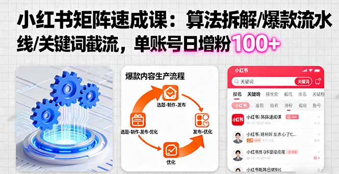 小红书矩阵起号速成课：算法拆解/爆款流水线/关键词截流 单账号日增粉100+-迦哆网创社