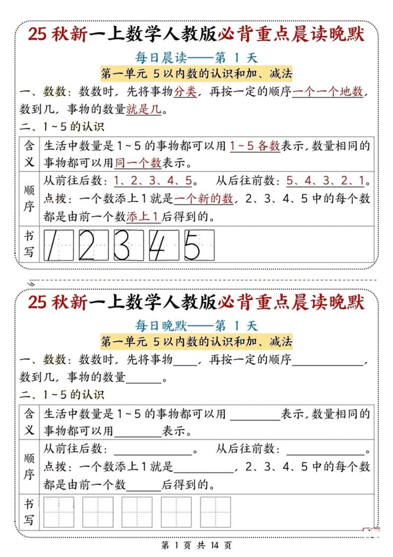 25秋新一上数学必背重点晨读晚默（人教版14页）-迦哆网创社