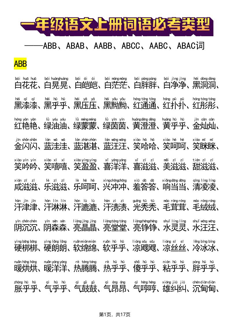 新一上语文词语必考类型(ABB、ABAB、AABB、ABCC、AABC、ABAC、ABCB类词语)17页-迦哆网创社