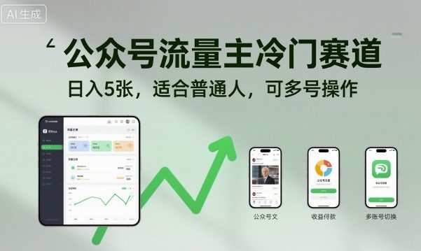 公众号流量主冷门赛道,日入5张,适合普通人,可多号操作-迦哆网创社