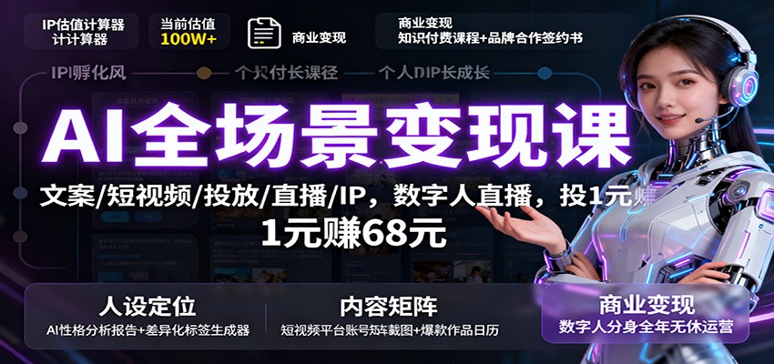 AI全场景变现课：文案/短视频/投放/直播/IP，数字人直播，投1元赚68元-迦哆网创社
