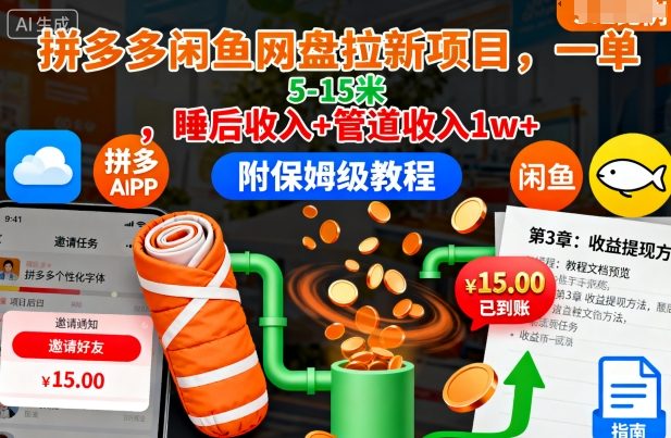 拼多多闲鱼网盘拉新项目，一单5-15米，睡后收入+管道收入1w+(附保姆级教程)-迦哆网创社