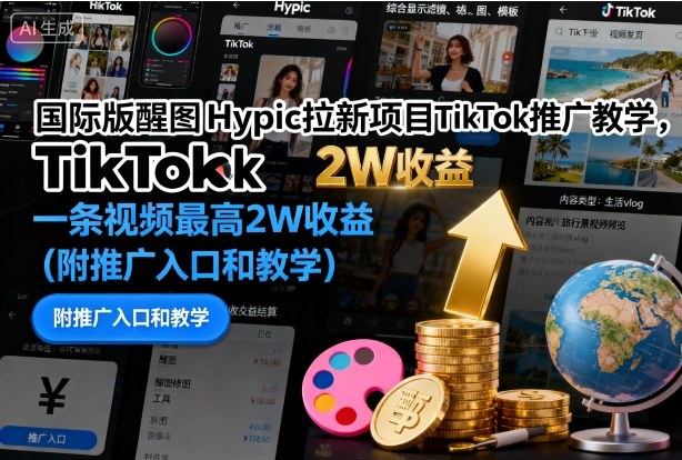 国际版醒图Hypic拉新项目TikTok推广教学,一条视频最高2W收益(附推广入口和教学)-迦哆网创社