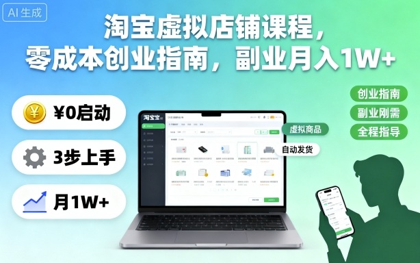淘宝虚拟店铺课程,零成本创业指南,副业月入1W+-迦哆网创社